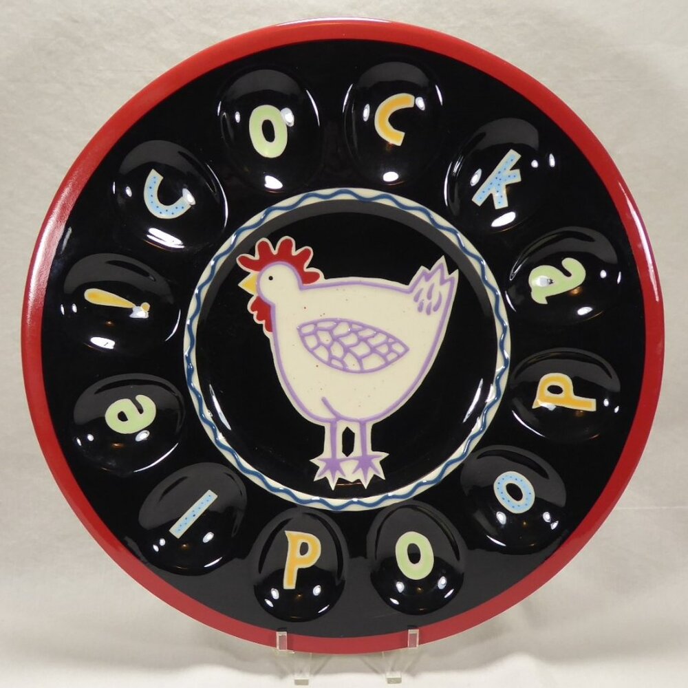 Becky Denny Cockadoodle Deviled Egg Plate Platter Rooster Chicken Holds Dozen 12